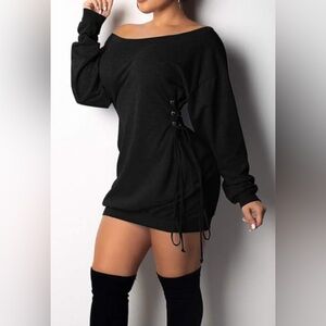 Women’s Black Side Lace Up Long Sleeve Short Dress / Large